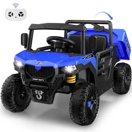 Wisairt 24V Ride on Toys with Remote Control, 2 Seater Electric Powered Ride on Dump Truck UTV Car w/ Tipping Bucket Trailer, Suspension, Music, Electric Cars for Kids Ages 3-5 Gifts, Blue
