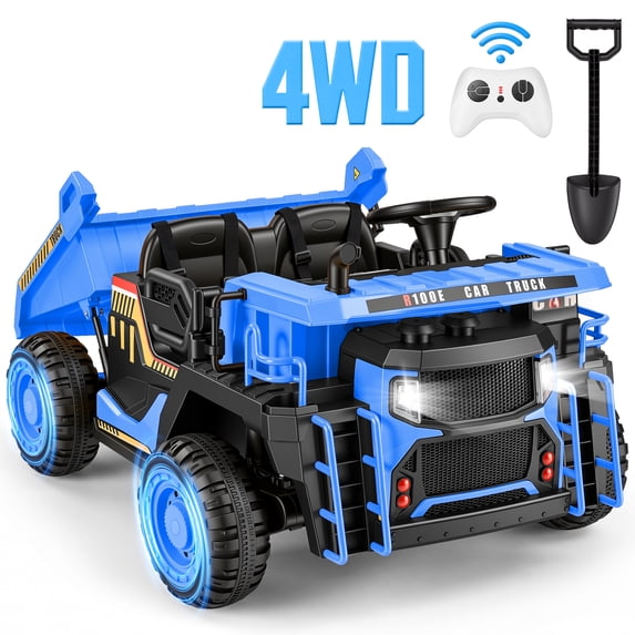 Wisairt 24V Ride On Dump Truck for Kids, 2 Seater 4WD Electric Truck, 4×200W Motors, Power Car Wheel with Remote Control, Automatic Dump Bed, Shovel, Music, Blue