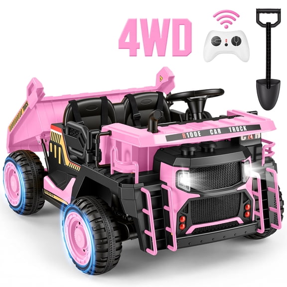 Wisairt 24V Ride On Dump Truck for Kids, 2 Seater 4WD Electric Truck, 4×200W Motors, Power Car Wheel with Remote Control, Automatic Dump Bed, Shovel, Music, Pink
