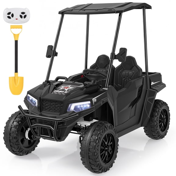Wisairt 24V Kids Golf Cart, 4WD 2-Seater Electric Ride On Car for Big Kids, 4×200W Motors, Ages 3-8, Remote Control, Detachable Awning, Electric Dump Bed & Shovel, Black