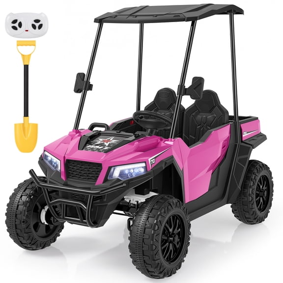 Wisairt 24V Kids Golf Cart, 4WD 2-Seater Electric Ride On Car for Big Kids, 4×200W Motors, Ages 3-8, Remote Control, Detachable Awning, Electric Dump Bed & Shovel, Pink