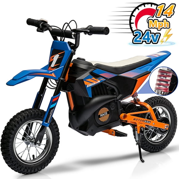 Wisairt 24V Dirt Electric Ride on Motocross Bike for Kids and Teens 13+ Between 40 and 140 lbs(Blue & Orange)