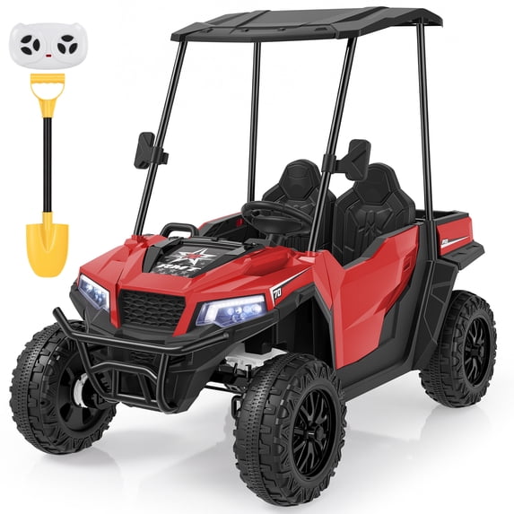 Wisairt 24V Kids Golf Cart, 4WD 2-Seater Electric Power Car Wheel for Big Kids, 4×200W Motors, Ages 3-8, Remote Control, Detachable Awning, Electric Dump Bed & Shovel, Red