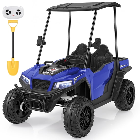 Wisairt 24V Kids Golf Cart, 4WD 2-Seater Electric Ride On Car for Big Kids, 4×200W Motors, Ages 3-8, Remote Control, Detachable Awning, Electric Dump Bed & Shovel, Blue