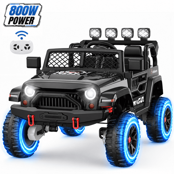 Wisairt 24V Kids Ride on Toys, 4WD 800W Power Car Wheels for Boys Girls with Remote, Electric Ride on Car for Kids with 2 Seater, Music, LED Lights, Seat Belt, 3-8 Years Old, Black