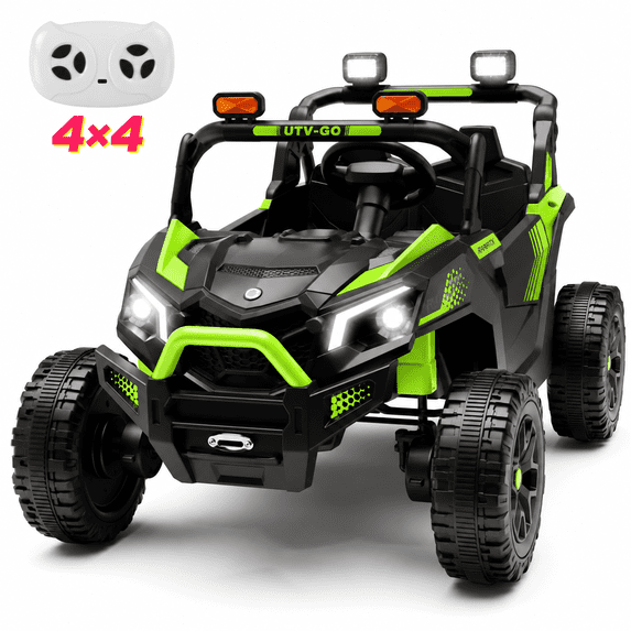 Wisairt 24V Ride on Toys 4WD Ride on Cars with Remote Control, 2 XL Seater Electric Car for Kids, Power Car Wheels, UTV w/ Four Motors, Music, LED Lights, Wireless Audio, 3 Speeds, Green