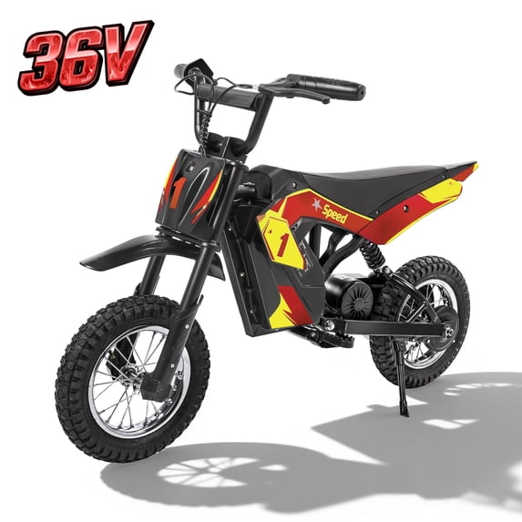 Wisairt 36V Kids Electric Dirt Bike, 15.5 mph High-Speed Electric Motorcycle Ride on Dirt Bike for Kids Aged 5-10, 133 lbs Max Load, 10-mile Range, Waterproof Seat, Twist Grip Throttle, Red & Gold