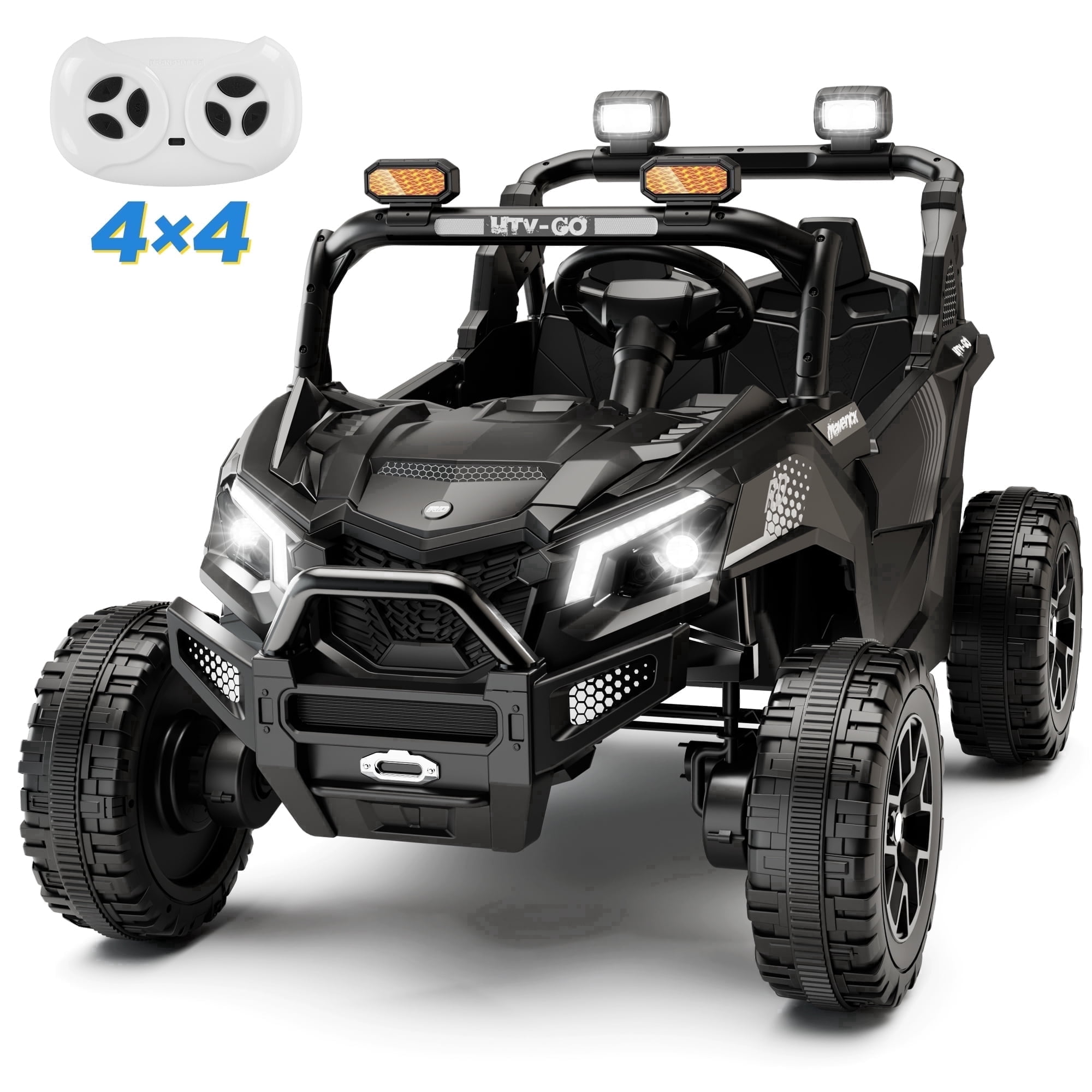 Wisairt 24V Ride on Toys 4WD Ride on Cars with Remote Control, 2 Seater Electric Car for Kids, Power Car Wheels, UTV w/ Four Motors, Music, LED Lights, Wireless Audio, 3 Speeds, Black