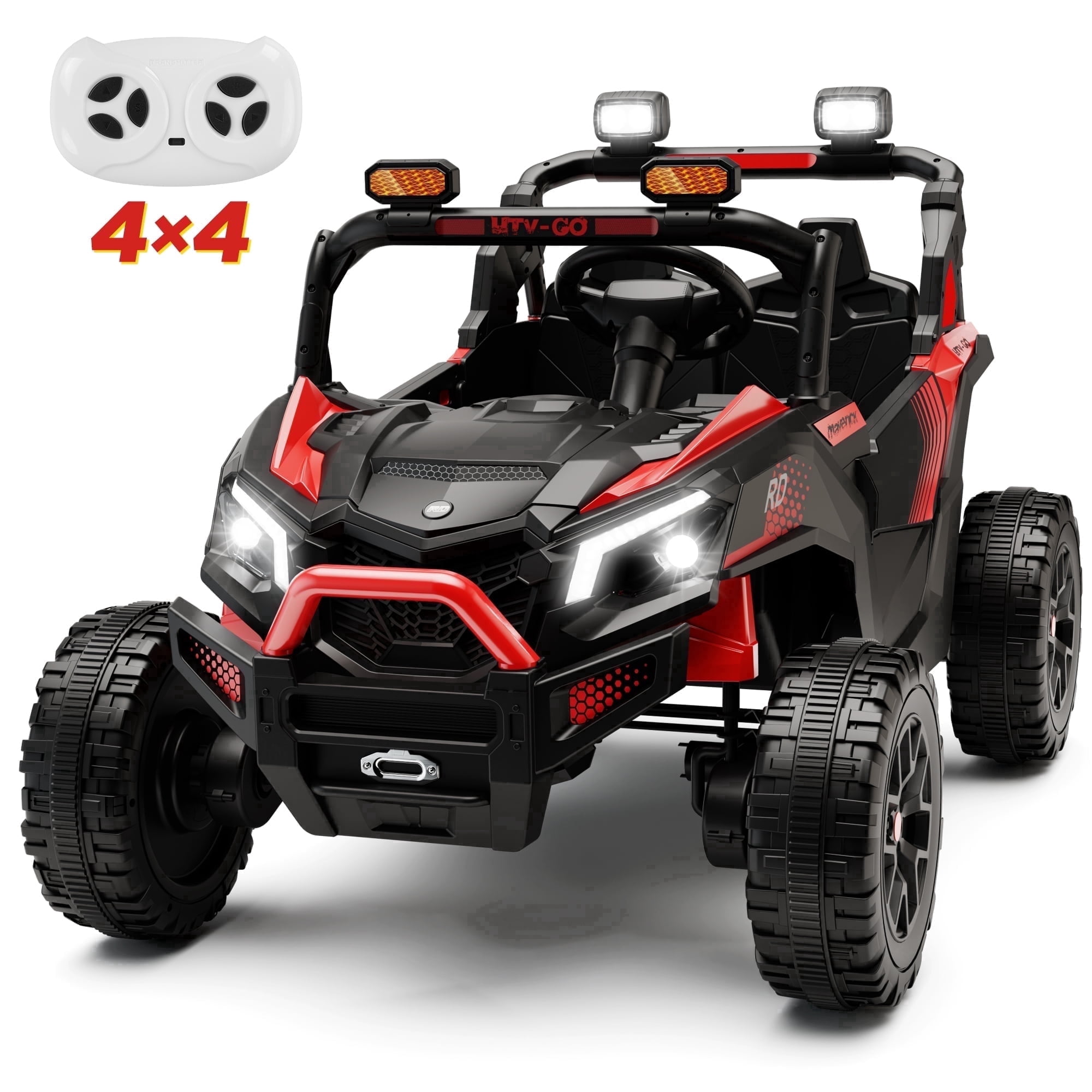 Wisairt 24V Ride on Toys 4WD Ride on Cars with Remote Control, 2 Seater Electric Car for Kids, Power Car Wheels, UTV w/ Four Motors, Music, LED Lights, Wireless Audio, 3 Speeds, Red