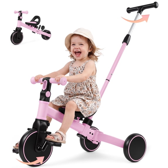 Wisairt 5-in-1 Toddler Tricycle with Push Handle for 1-3 Years, Toddler Bike, Kids Trike, Balance Bike with Adjustable Seat & Handlebar, Pink