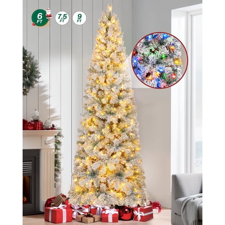 Firstness 6ft Pre-Lit Artificial Pencil Christmas Tree with 250 Multicolor LED Lights,Snow Flocked Xmas Tree