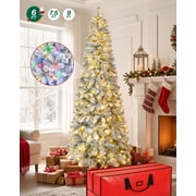 Firstness 6ft Pre-Lit Artificial Pencil Christmas Tree with Multicolor LED Lights, Snow Flocked Xmas Tree with Storage Bag