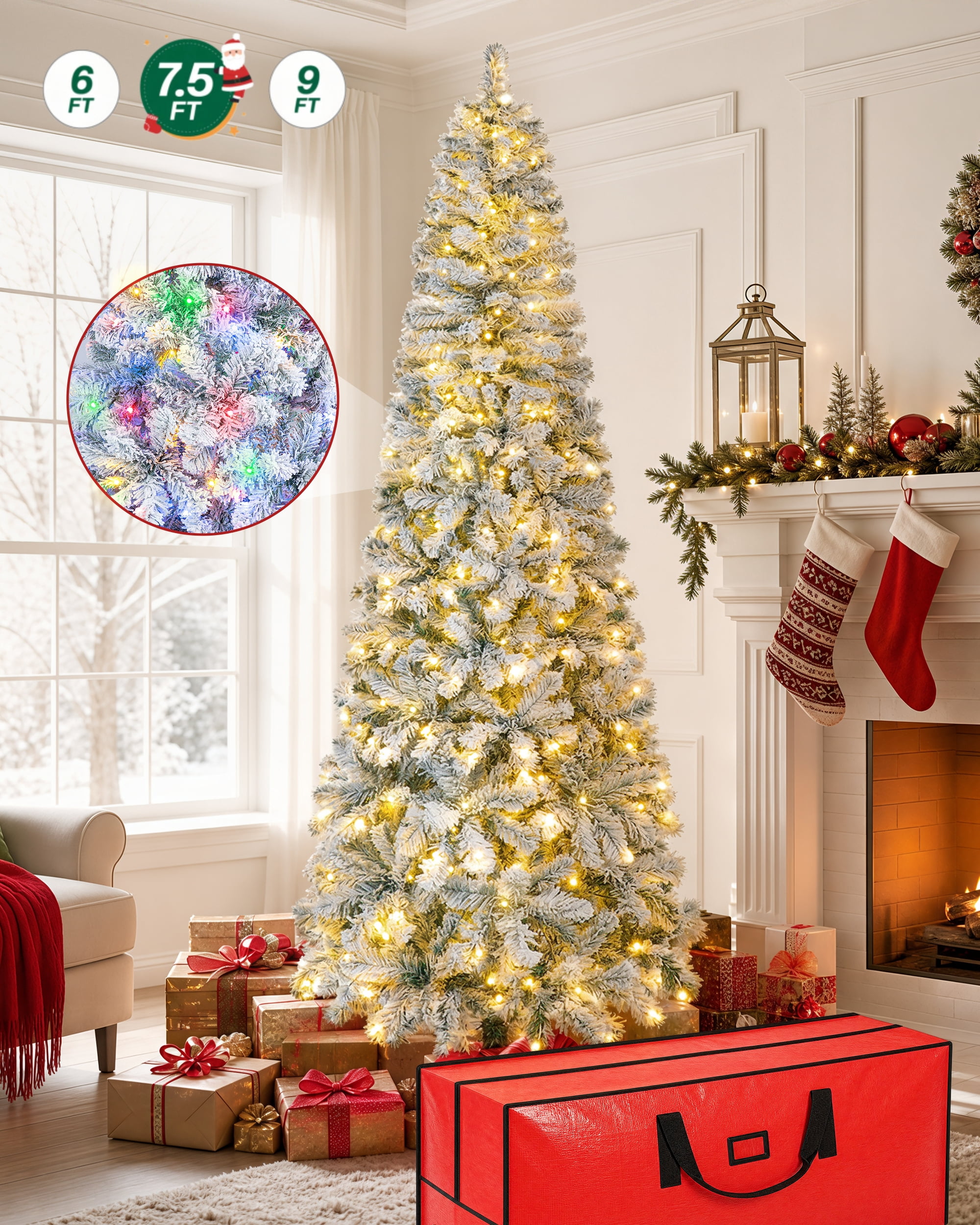 Firstness 7.5ft Pre-Lit Artificial Pencil Christmas Tree with Multicolor LED Lights, Snow Flocked Xmas Tree with Storage Bag
