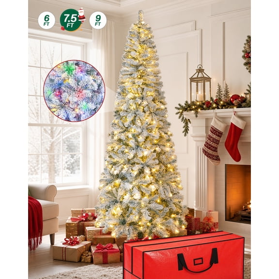 Firstness 7.5ft Pre-Lit Artificial Pencil Christmas Tree with Multicolor LED Lights, Snow Flocked Xmas Tree with Storage Bag