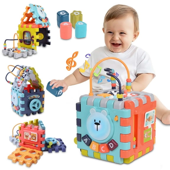 Wisairt 6-in-1 Baby Activity Cube w/ Music, Preschool Montessori Learning Toys for Toddlers Infant, for Birthday Christmas Baby Shower Gifts, Multicolor