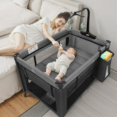 Vomeast Baby Playard Baby Bassinet,Portable Crib Pack and Play with Toy Bar,Foldable Play Yard(Grey)