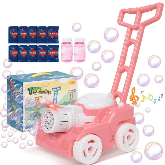 Wisairt Bubble Lawn Mower, Bubble Machine for Toddlers Kids, Outdoor Push Toy Gift for Preschool Boy Girl 3 , Pink & White