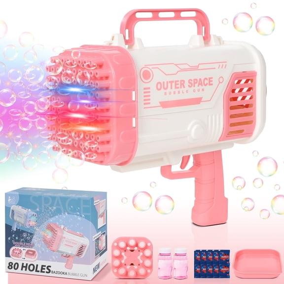 Wisairt Bubble Machine, 80 Holes Bubble Blowing Toys with Replaceable Nozzles, 2 Bubble Solution and Colorful Lights, Bubble Toys Outdoor Birthday Party, Pink & White