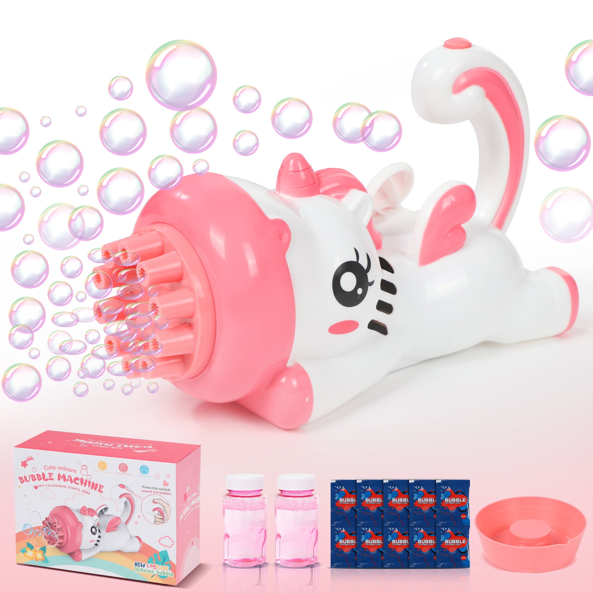 Wisairt Bubble Machine Unicorn Bubble Gun with 2 Bubble Solutions Bubbles Machine for Kids Toddles 3 Summer Toy Gift fo Kids Easter Birthday Wedding