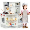 thumbnail image 1 of Wisairt Corner Play Kitchen Set, Wooden Kitchen for Kids w/ Chef's Costume Stove Sink Range Hood Oven Microwave, Realistic Lights Sounds, White & Grey, 1 of 8