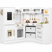 Wisairt Corner Wooden Play Kitchen for Kids, Interactive Pretend Play Kitchen with Realistic Lights & Sounds, 23 Pcs Cooking Accessories, Age 3+, White