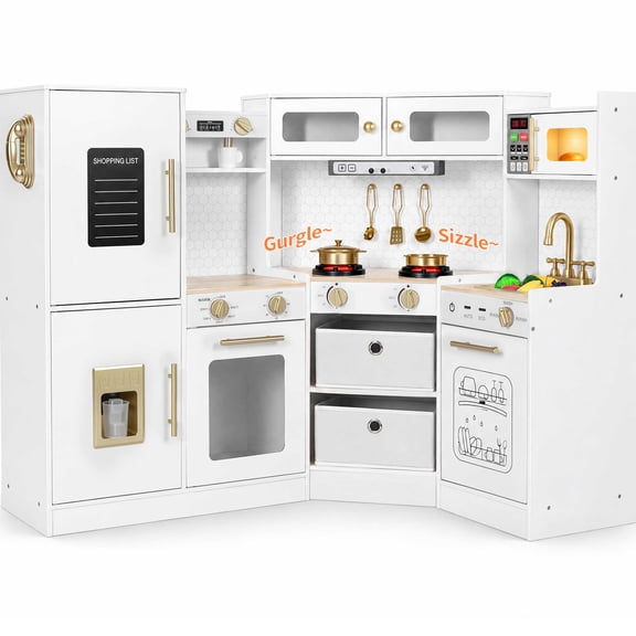 Wisairt Corner Wooden Play Kitchen for Kids, Interactive Pretend Play Kitchen with Realistic Lights & Sounds, 23 Pcs Cooking Accessories, Age 3 , White