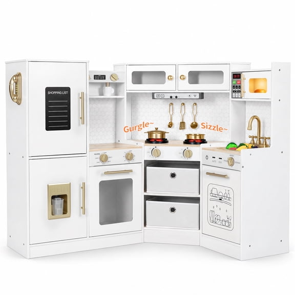 Wisairt Corner Wooden Play Kitchen for Kids, Pretend Play Kitchen with Lights & Sounds, Range Hood, Telephone, 23 Pcs Cooking Accessories, Age 3+, White