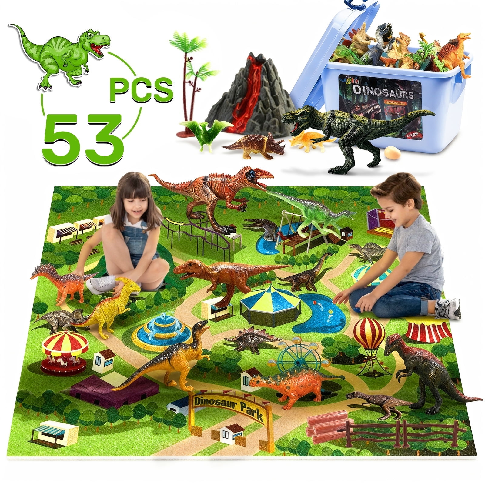 Wisairt 53 PCS Dinosaur Figures, Realistic Dinosaur Toys with Activity Play Mat, Trees and Rocks, Dino Playset Toys Christmas Birthday Gift For Kids Ages 3+