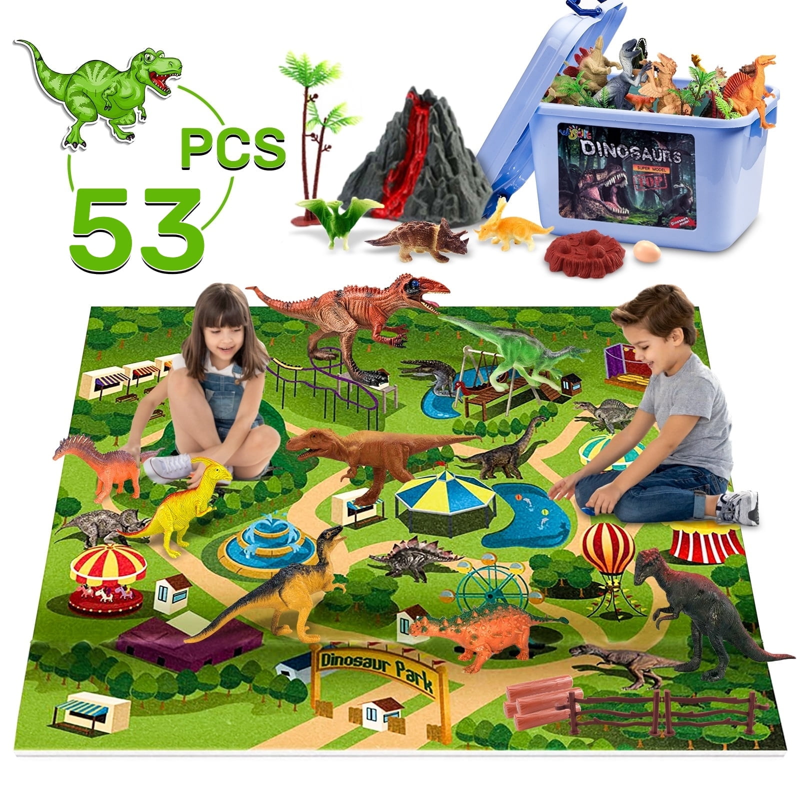 Wisairt Dinosaur Toys for kids 53 Pcs Dinosaur Play Set with Activity Play Mat Dinosaur Figures Trees Rocks Container to Create A Dino World Great