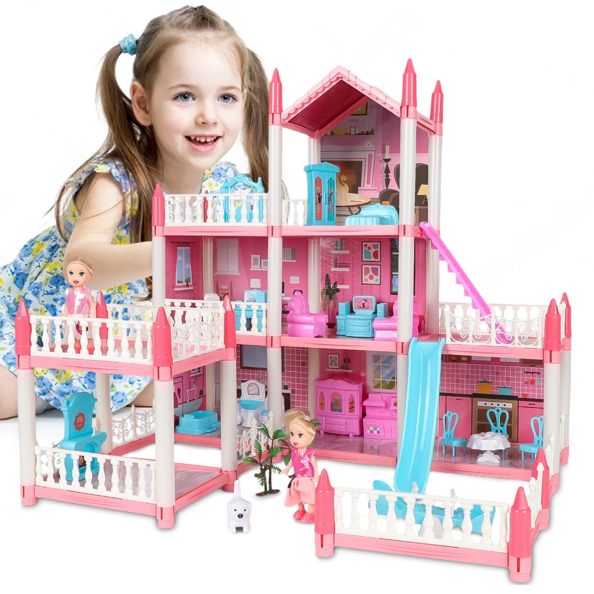  Girls Doll House for 3 4 5 6 7 8 Year Old Toy, Dollhouse  Furniture and Accessories Pink Dream House Princesses, DIY Building Playset  Pretend Play Toddler Doll Houses for Kids