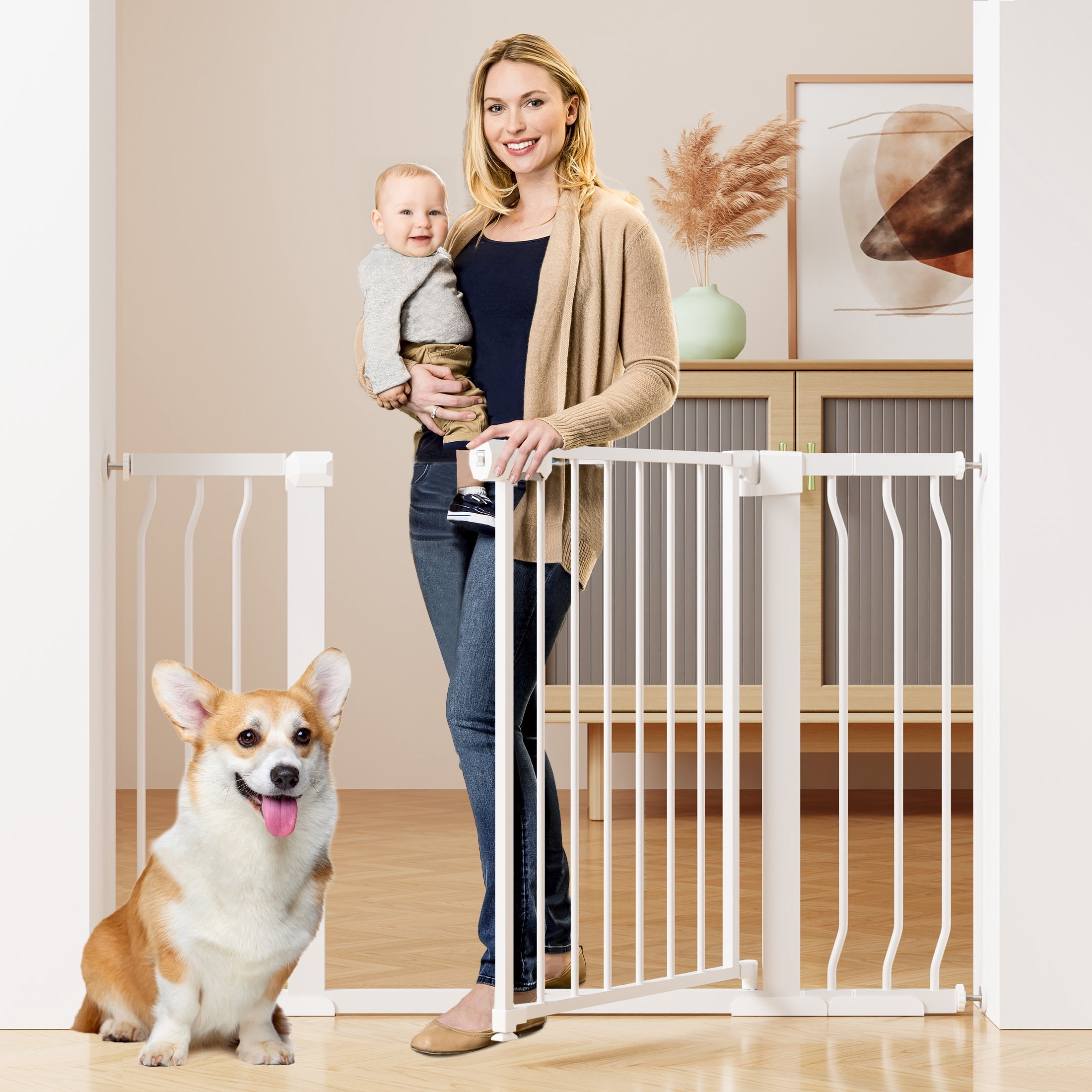 Vomeast 36in Extra Tall Baby Safety Gate,29.93- 48.8in Extra Wide Metal Dog Gates for Stair and Doorways,Pressure Mounted,White