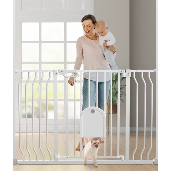 Vomeast Extra Wide Metal Baby Safe Gate with Pet Door for Stairway and Hallway,for Baby Toddler Children Age Group 6 to 24 Months(White)