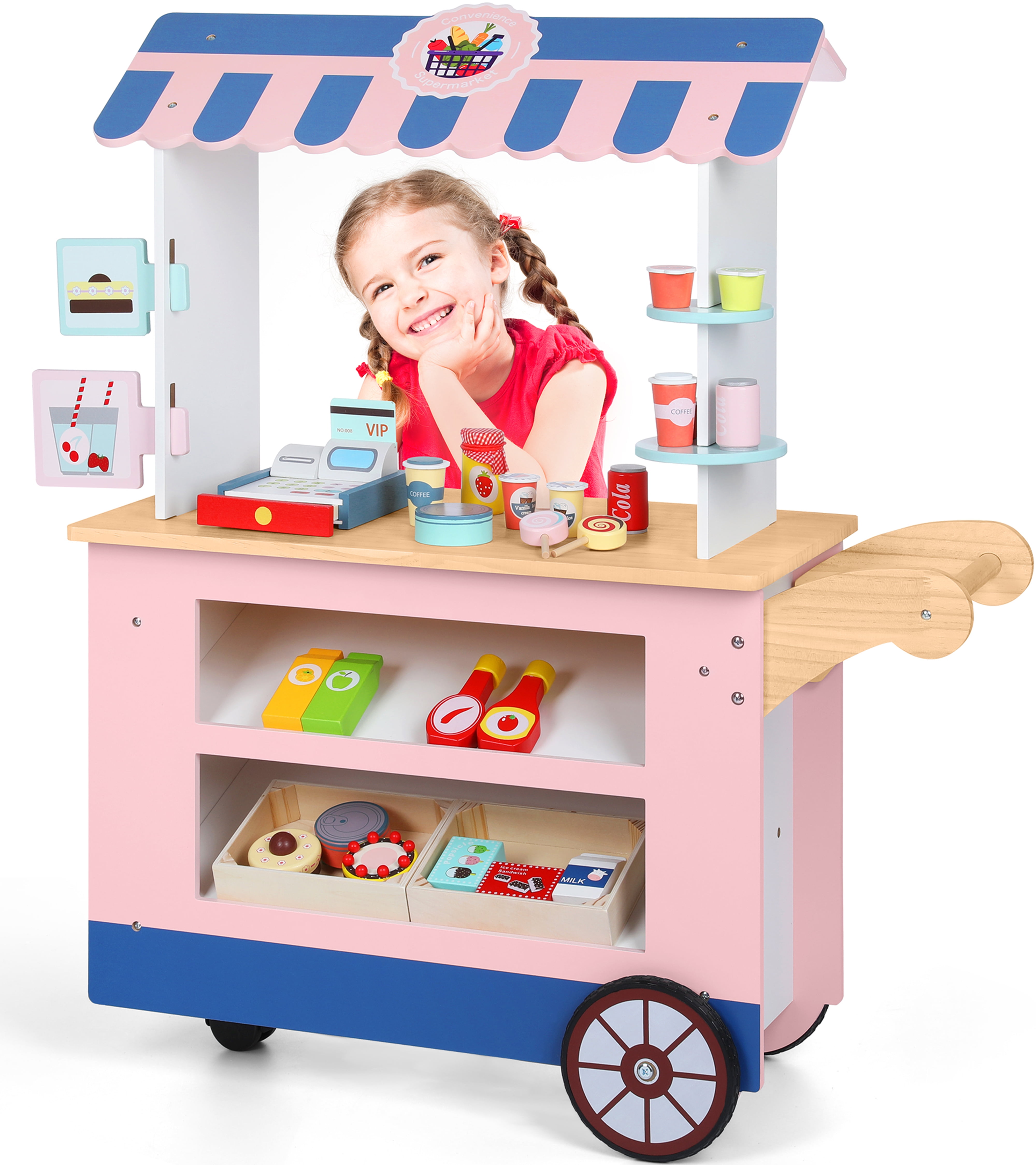 Wisairt Kids Grocery Store Play Set, Pretend Play Wooden Supermarket Shopping Toy w/ Cash Register Food Drink - Pink & Blue