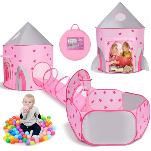 Wisairt Kids Play Tent, 3 in 1 Play Tents Tunnel Set with Ball Pit and Storage Bag, Indoor Outdoor Toy Tent for Toddlers Kids Toy Gifts, Pink (No Ball)