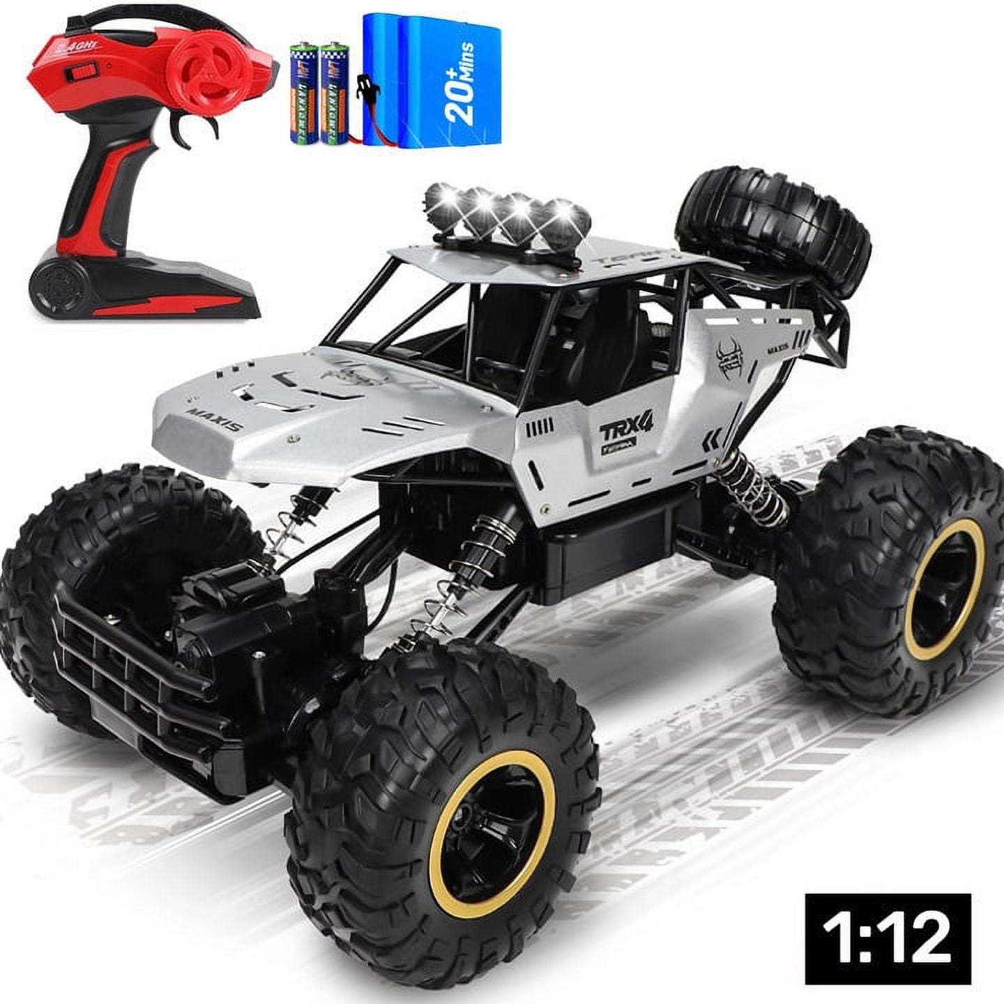 Wisairt Large RC Cars, 1:12 4WD Large Remote Control Monster Truck 2.4 GHz Alloy RC Cars for Kids Adults Aged 6 + Birthday Christmas Gifts (Silver)