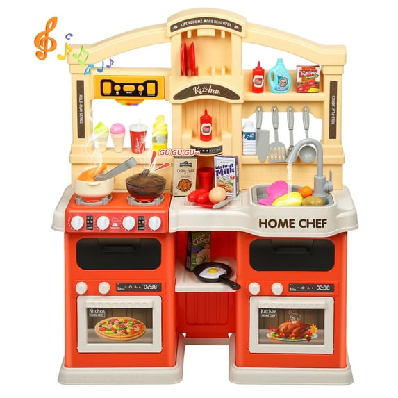 Wisairt Play Kitchen Set, 2.7FT Tall Kids Play Kitchen w/ Realistic Lights Sounds Simulation Spray for Toddlers Girls Boys Gift, Orange - 26x9.4x32.7in