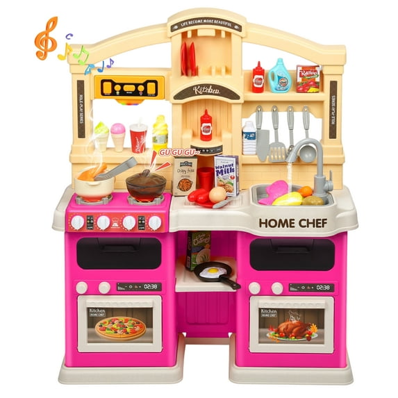Wisairt Play Kitchen Set, 2.7FT Tall Kids Play Kitchen w/ Realistic Lights Sounds Simulation Spray for Toddlers Girls Boys Gift, Pink - 26x9.4x32.7in