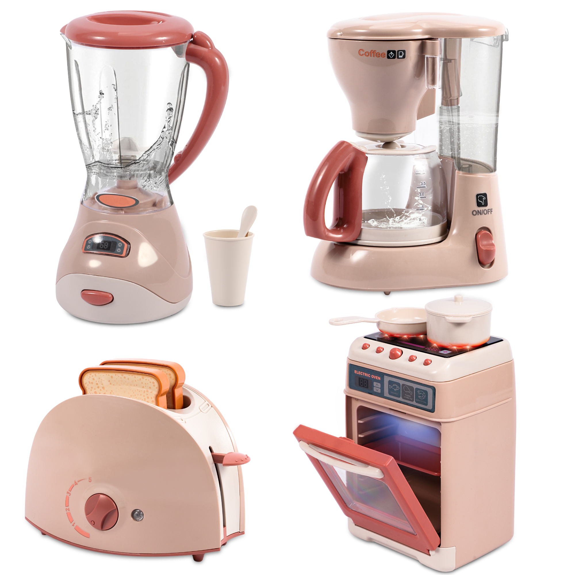 Wisairt Play Kitchen Set, 4Pcs Toy Kitchen Appliance w/Oven Toaster Coffee Maker Juicer, Khaki - image 1 of 11