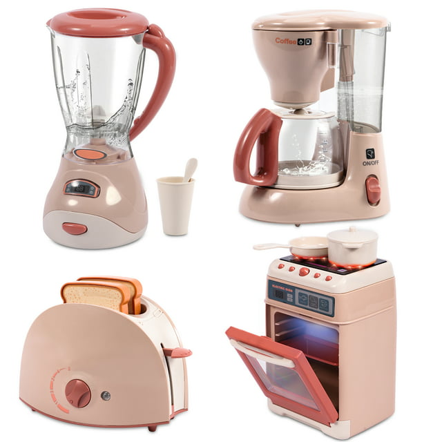 Wisairt Play Kitchen Set, 4Pcs Toy Kitchen Appliance w/Oven Toaster Coffee Maker Juicer, Khaki