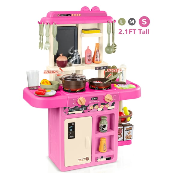 Wisairt Play Kitchen Set for Kids, 2.1FT Tall Kids Play Kitchen with Realistic Lights and Sounds, Simulation of Spray, 42Pcs Toy Kitchen Set for Toddlers Girls Boys Gift - Small (Pink)