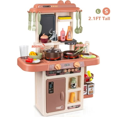 Wisairt Play Kitchen Set for Kids, 2.1FT Tall Toy Play Kitchen w/ Realistic Lights Sounds Simulation Spray for Toddlers Girls Boys Gift 42Pcs - Small (Orange Red 18x8.6x24.8in)