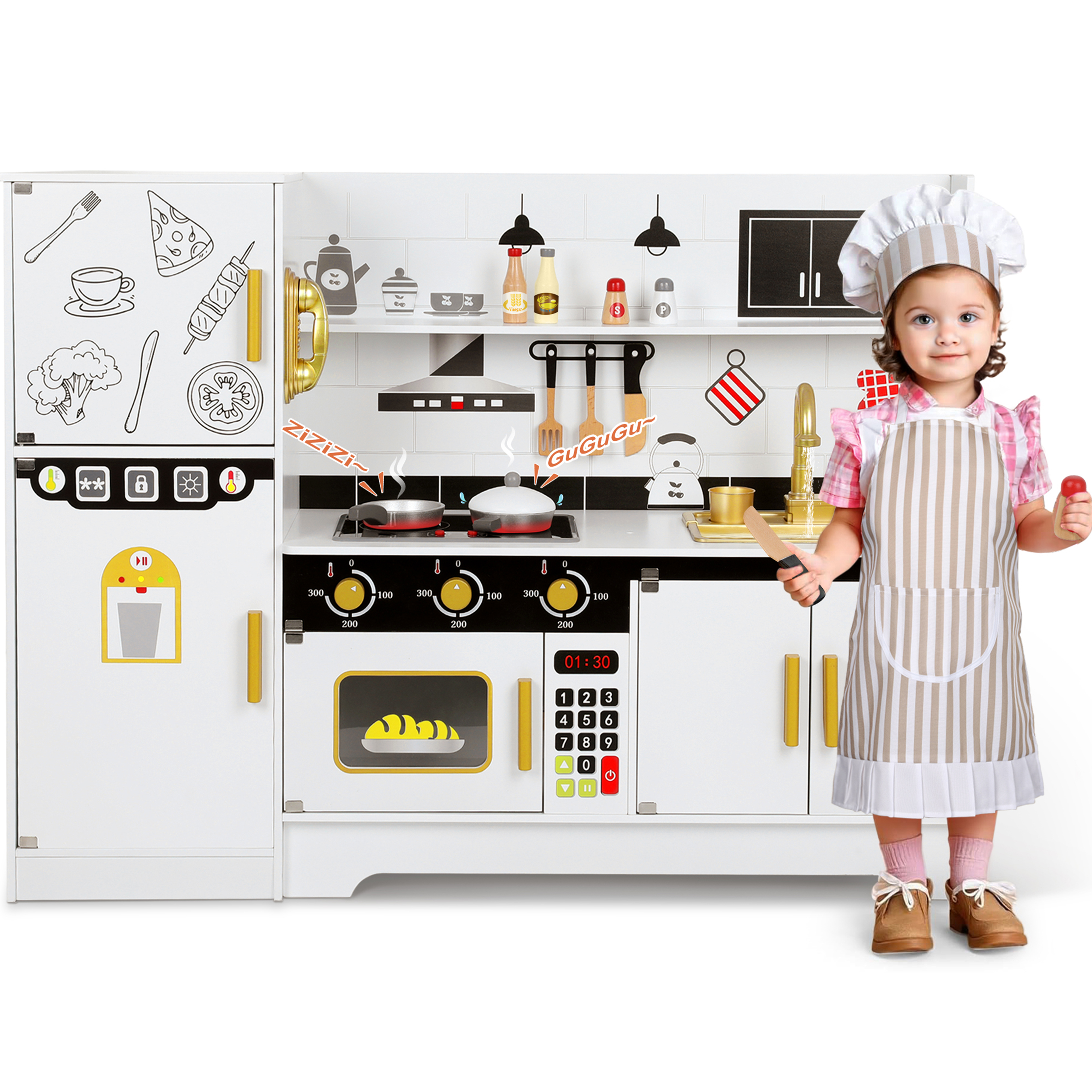 Wisairt Pretend Play Kitchen Set, 43.7" Extra Long Wooden Play Kitchen for Kids w/ Chef's Costume, Telephone, Stove, Sink, Oven, Realistic Lights Sounds - White & Gold