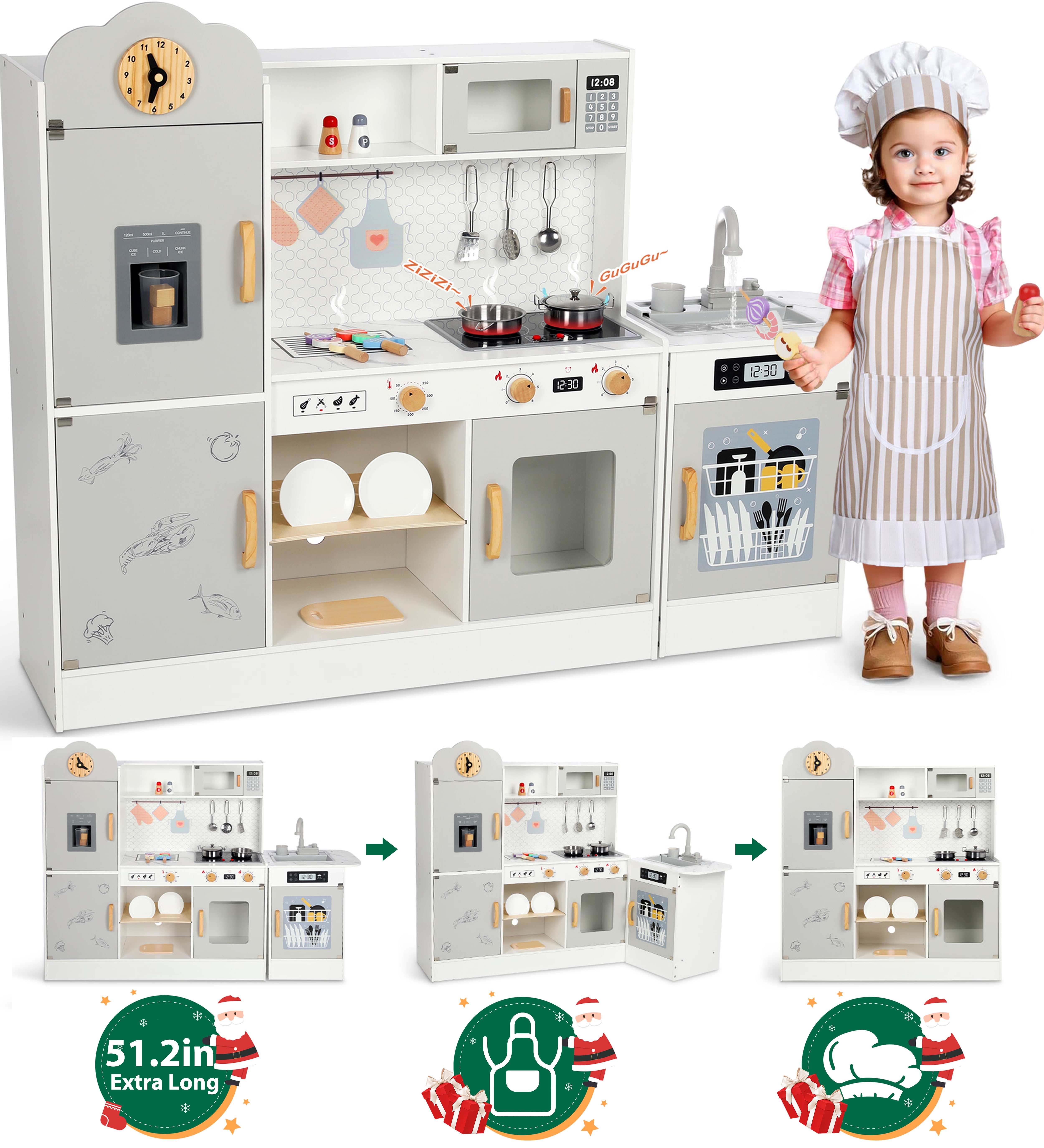 Wisairt Pretend Play Kitchen Set, 51.2in Wooden Kitchen for Kids w/ Chef's Costume Stove Sink Ice Maker Oven Microwave, Realistic Lights Sounds, Grey