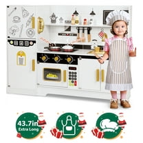 Wisairt Pretend Play Kitchen Set, 43.7" Extra Long Wooden Play Kitchen for Kids w/ Chef's Costume, Telephone, Stove, Sink, Oven, Realistic Lights Sounds - White & Gold