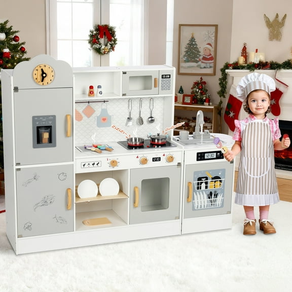 Wisairt Pretend Play Kitchen Set, 51.2in Wooden Kitchen for Kids w/ Chef's Costume Stove Sink Ice Maker Oven Microwave, Realistic Lights Sounds, Grey