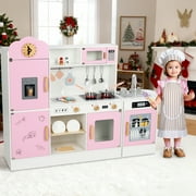 Wisairt Pretend Play Kitchen Set, 51.2in Wooden Kitchen for Kids w/ Chef's Costume Stove Sink Ice Maker Oven Microwave, Realistic Lights Sounds, Pink