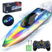 Wisairt 15Km/h Remote Control Boat with LED Lights for Pools and Lakes, 2.4GHz High Speed RC Boat with 2 Rechargeable Batteries, Perfect Summer Water Toys for Ages 10+ (Green)
