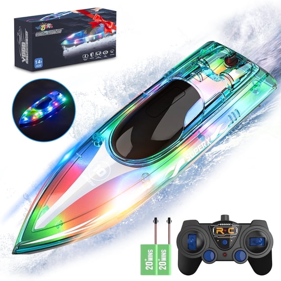 Wisairt 15Km/h Remote Control Boat with LED Lights for Pools and Lakes, 2.4GHz High Speed RC Boat with 2 Rechargeable Batteries, Perfect Summer Water Toys for Ages 10+ (Green)