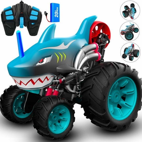 Wisairt Remote Control Monster Truck,1:16 4WD Shark RC Car with 360 Degress Rotation Upright Stunt Car Toys for Kids Boys Girls Age 3+(Blue)