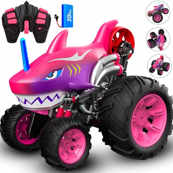 Wisairt Remote Control Monster Truck,1:16 4WD Shark RC Car with 360 Degrees Rotation Upright Stunt Car Toys for Kids Boys Girls Age 3+(Pink)